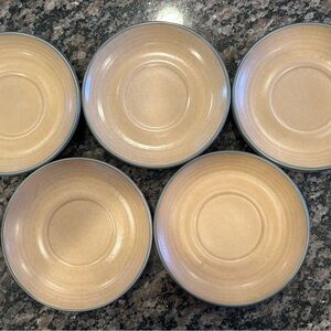 Pfaltzgraff Elegant Tan with Blue Rim Cup Saucers Set of 5